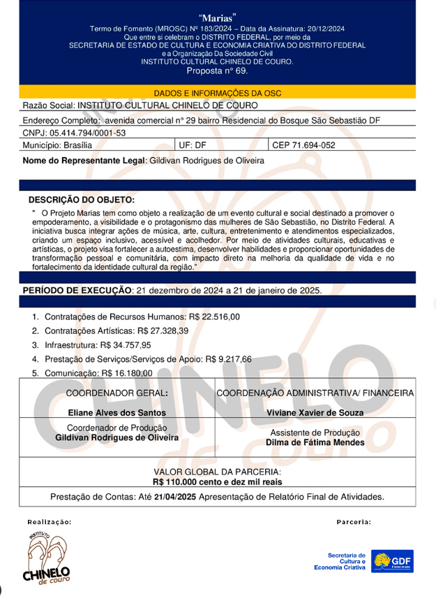 Termo de Fomento nº 183/2024, destinado ao Projeto Marias